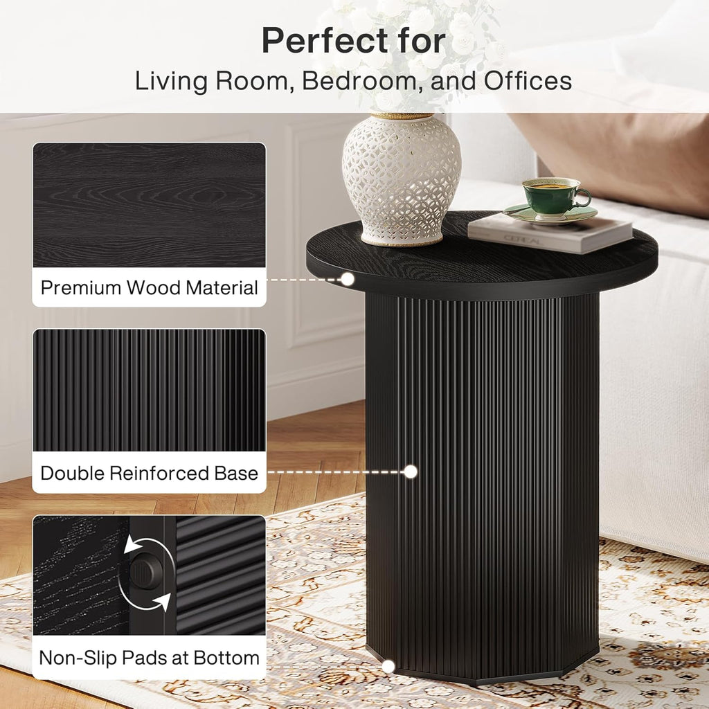 Tribesigns Round End Table, Farmhouse Pedestal Side Table, Fluted Wooden Nightstand Drink Stand for Living Room, Bedroom (1, Black)