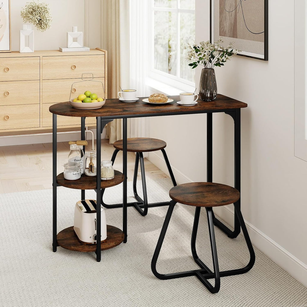GOFLAME 3-Piece Dining Table Set, Wooden Industrial Kitchen Table and 2 Stools with 2-Tier Storage Shelves and Metal Frame, Space Saving Dinette Set for Living Room, Breakfast Nook, Rustic Brown