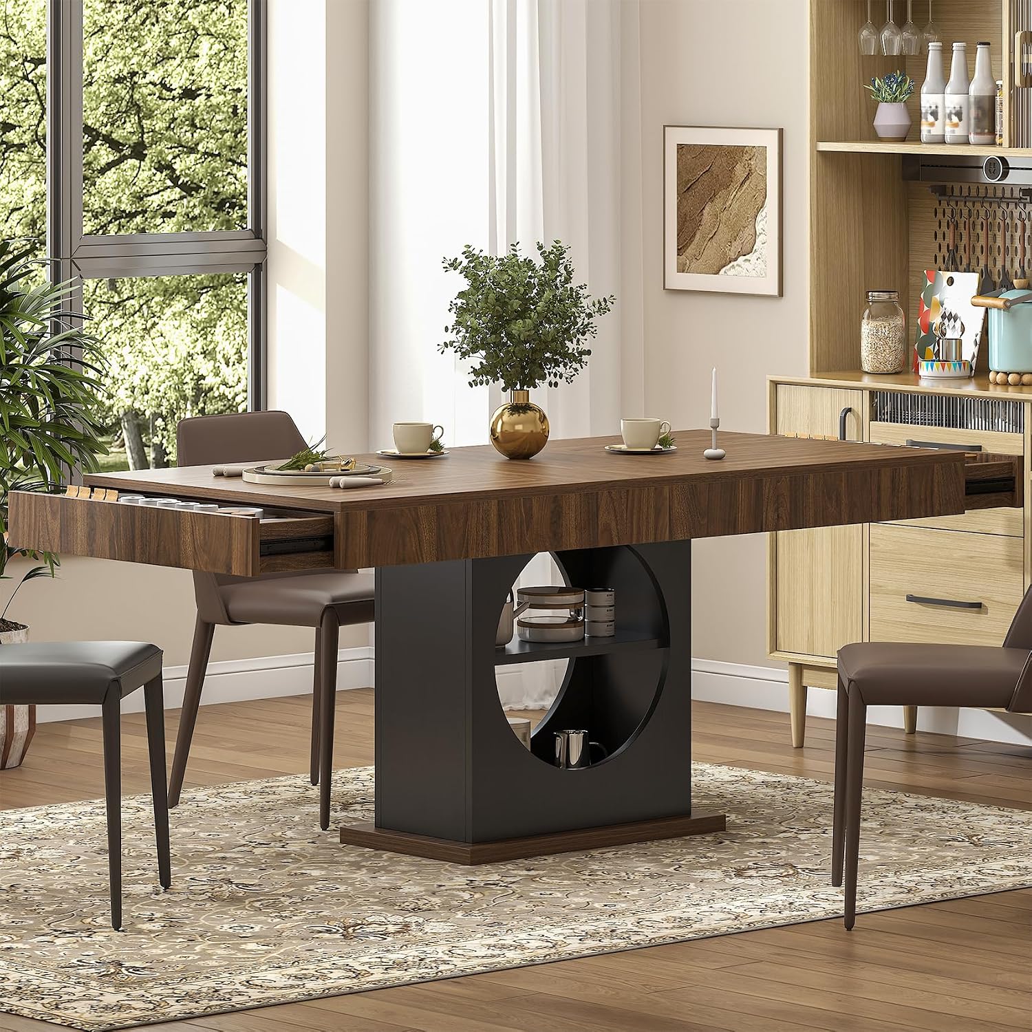 Dining Table for 4-6 People, 55 Inches Dinner Table with Drawers and Open Storage, Wooden Pedestal Base, Rectangular Farmhouse Kitchen Table for Kitchen, Living Room