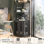 Aheaplus Corner Bar Cabinet with Power Outlet, Industrial Liquor Cabinet | 5-Tiers Wine Cabinet Mini Bar Unit with LED Strip and Glass Holder for Home, Corner Display Cabinet for Small Space, Black