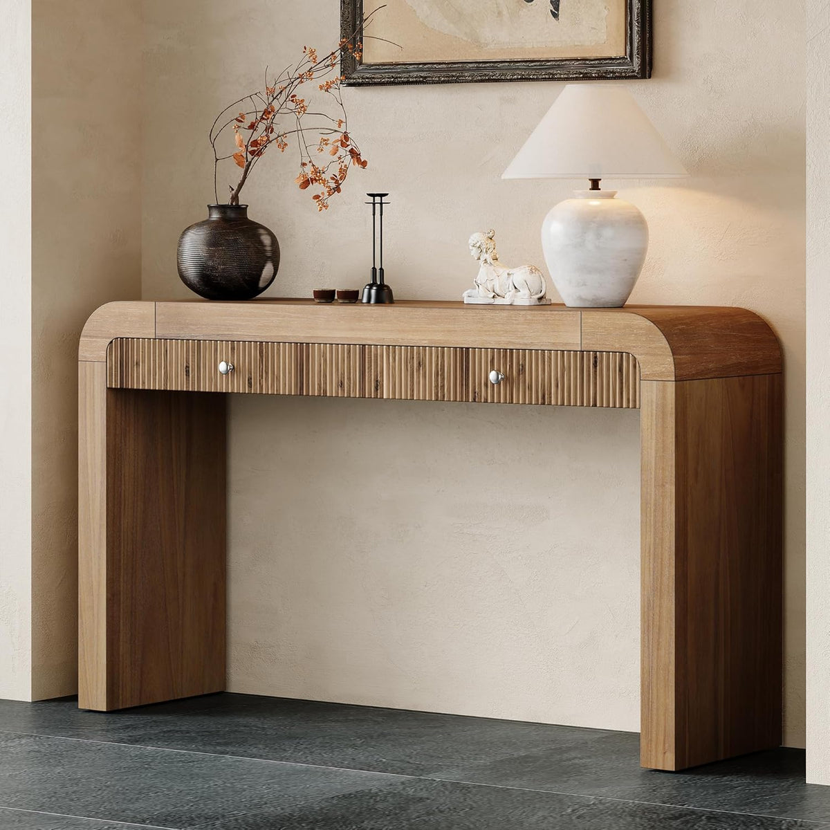 Console Table, 54.3" Wood Couch Table with Drawers, Farmhouse Entryway Table for Entrance, Hallway, Living Room, Easy Assmebly, Natural