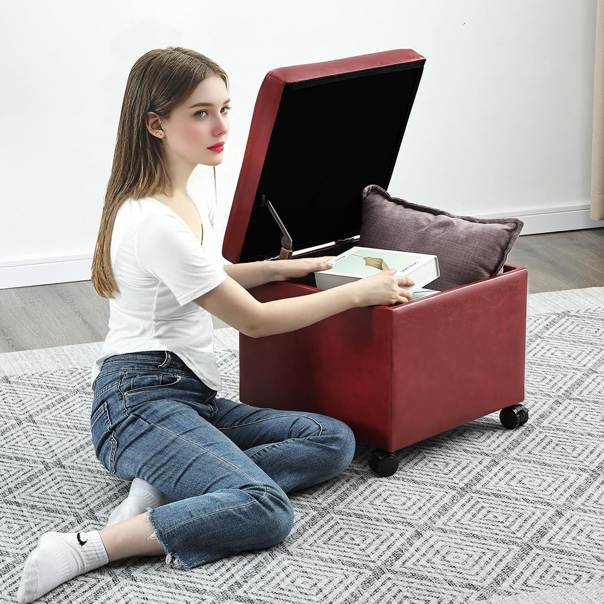 Homebeez Storage Ottoman with Rolling Wheels, PU Leather Tufted Cube Footrest with Casters, 17.7" Square Tufted Distressed Ottomans for Living Room,Bedroom, 300lb Capacity