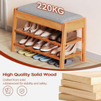 PARTPHONER Shoe Rack Bench with Storage, 2-Tier Solid Wood Entryway Bench with Cotton-Linen Cushion, Multipurpose Storage Organizer Bench for Bedroom, Hallway, Living Room, 31.5”