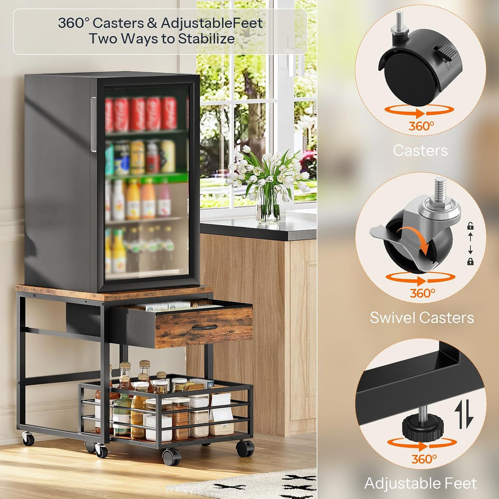 HOOBRO Mini Fridge Stand with Storage, 19.7 Inch End Table, Mini Fridge Cabinet with Mobile Basket Cart, for Living Room, Bedroom, Rustic Brown and Black BF655BX01