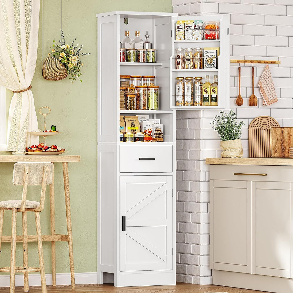 TEENFON 67" H Tall Storage Cabinet with 2 Doors, Bathroom Storage Cabinet, Kitchen Pantry Cabinets for Living Room, Dining Room, Bathroom, White