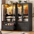 PAKASEPT Armoire Wardrobe Closet with Glass Door and Drawers, Bedroom Closet Wardrobe Cabinet with Hanging Rod, Lighted Freestanding Armoire Storage Cabinet for Bedroom Cloakroom