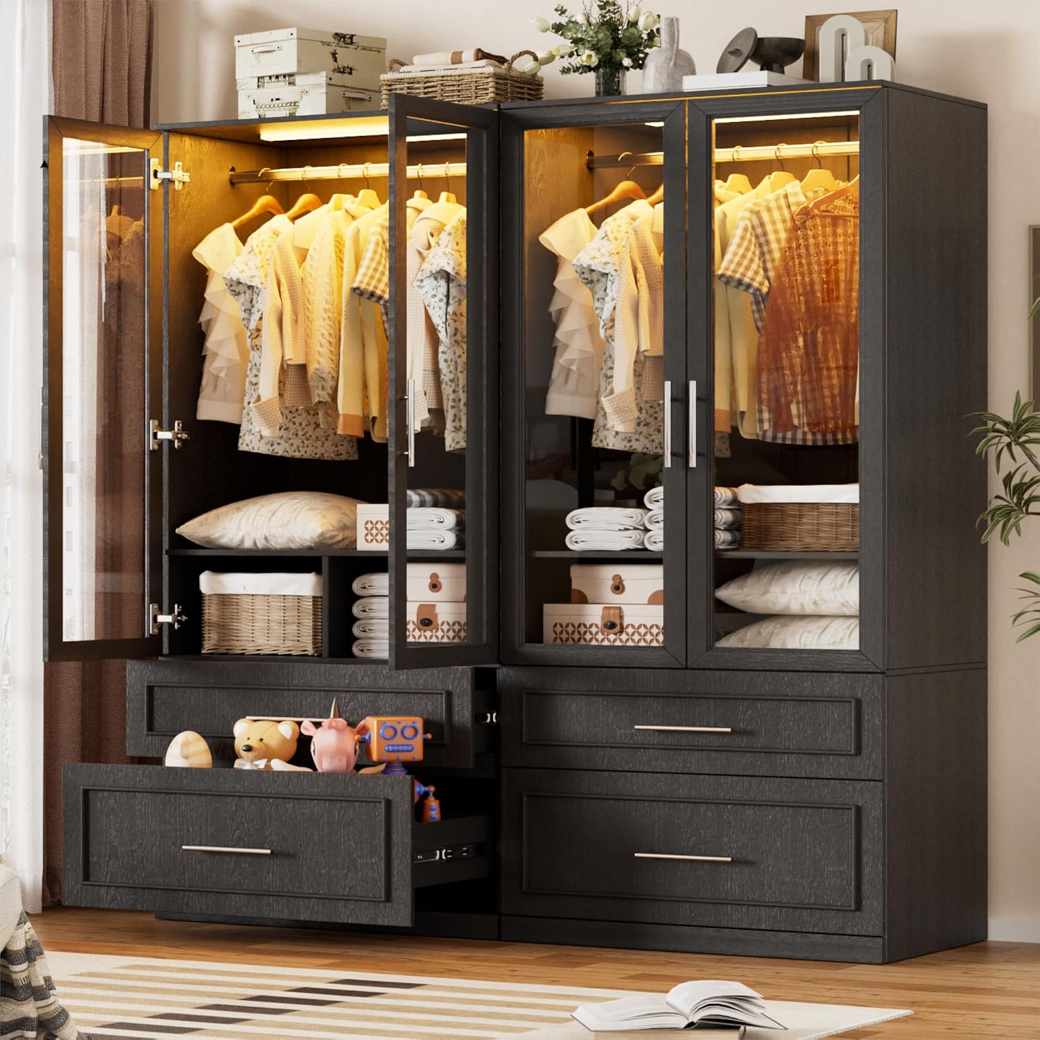 PAKASEPT Armoire Wardrobe Closet with Glass Door and Drawers, Bedroom Closet Wardrobe Cabinet with Hanging Rod, Lighted Freestanding Armoire Storage Cabinet for Bedroom Cloakroom