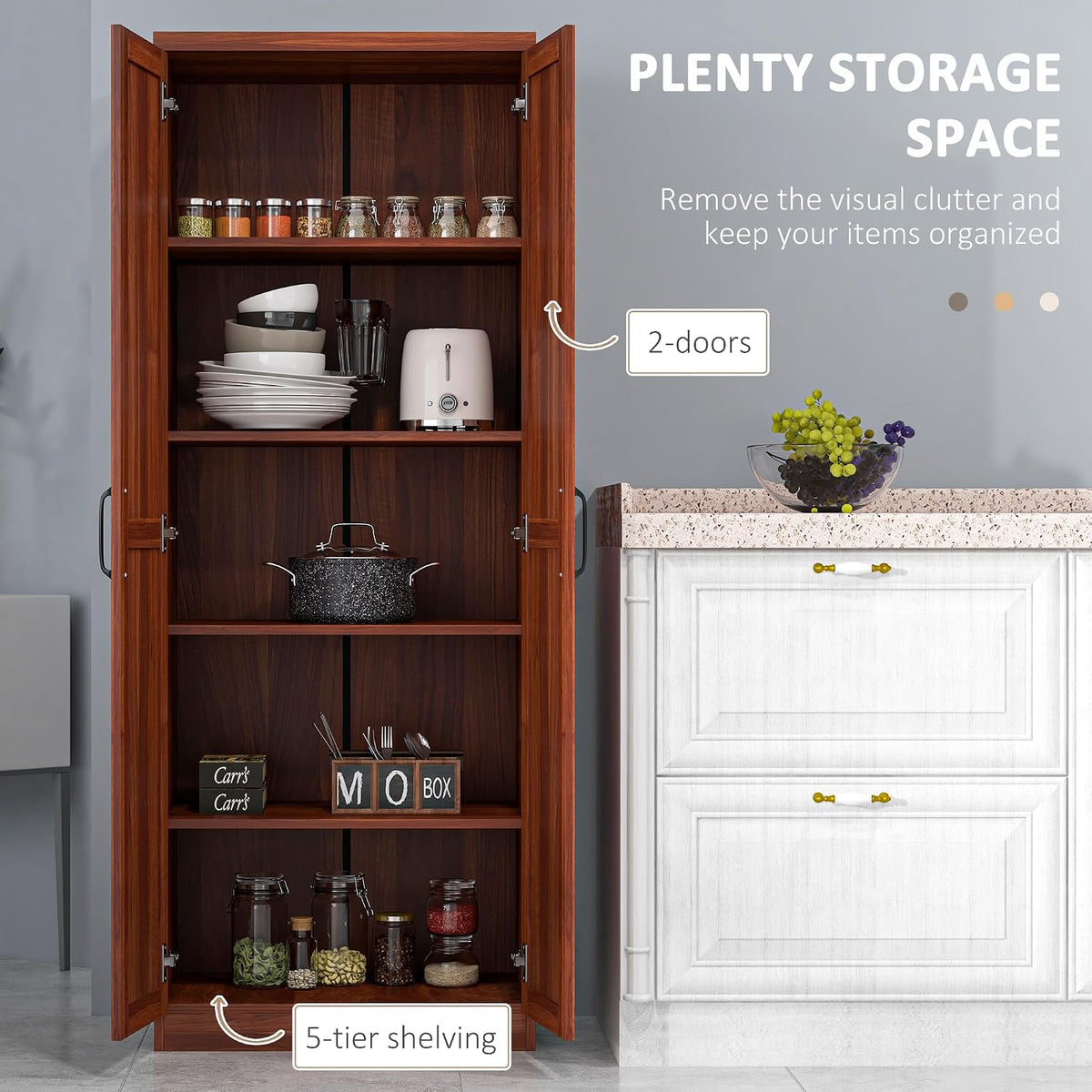 HOMCOM 63" 2-Door Kitchen Pantry 5-Tier Tan | Freestanding Storage Cabinet, Shelving, 2 Adjustable Shelves, for Dining Room