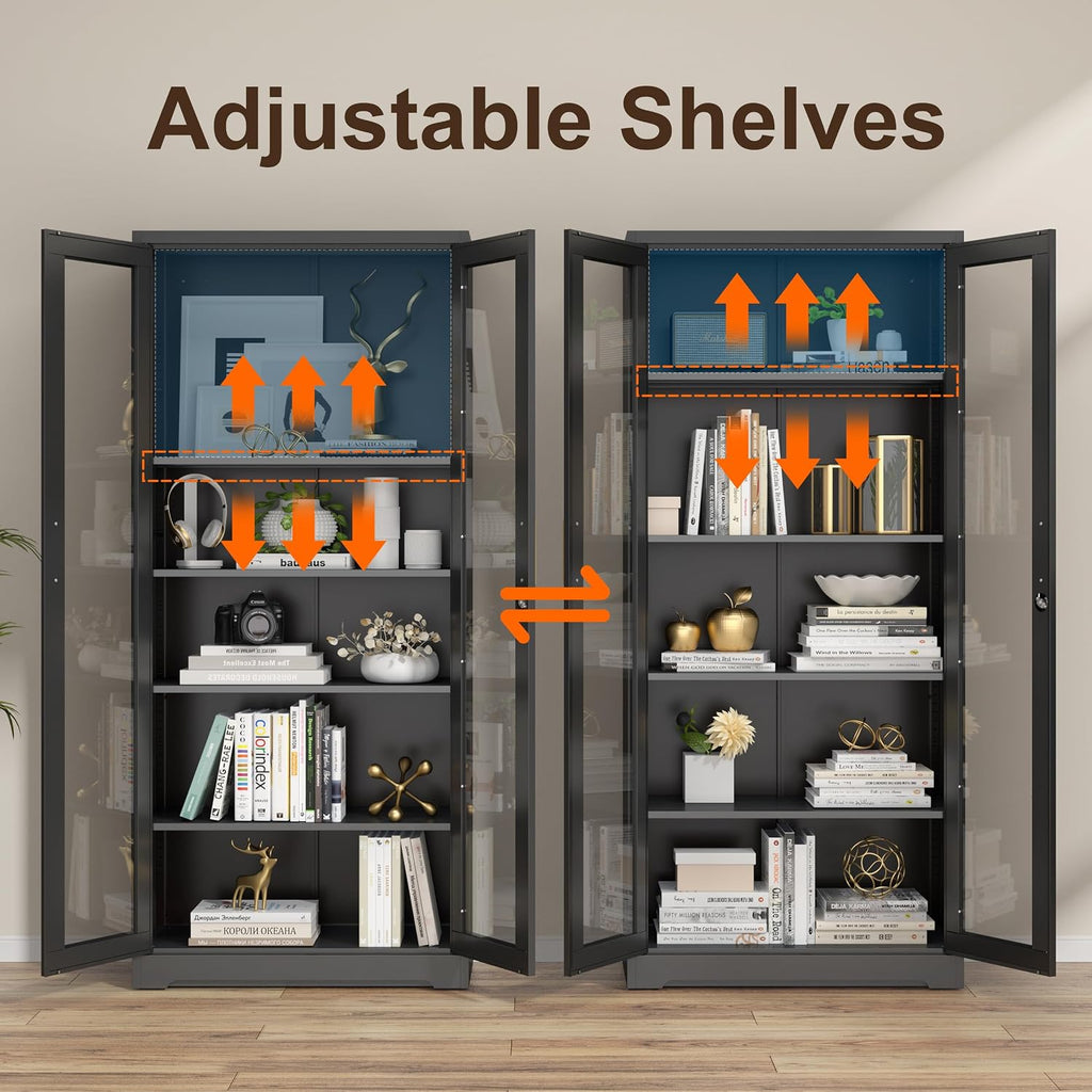 Curio Display Cabinet with Glass Doors,71”H Metal Display Case with 4 Adjustable Shelves - Black China Storage Cabinet for Collectibles, Trophies & Liquor - Locking Tall Glass Cabinet for Home
