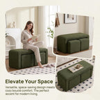 LukeAlon 3-Piece Nesting Ottoman Bench Set, 40.5" Wide Upholstered End of Bed Bench with 2 Small Stools Sherpa Comfy Entry Bench Vanity Stools Modern Arched Bench for Living Room Bedroom, Green