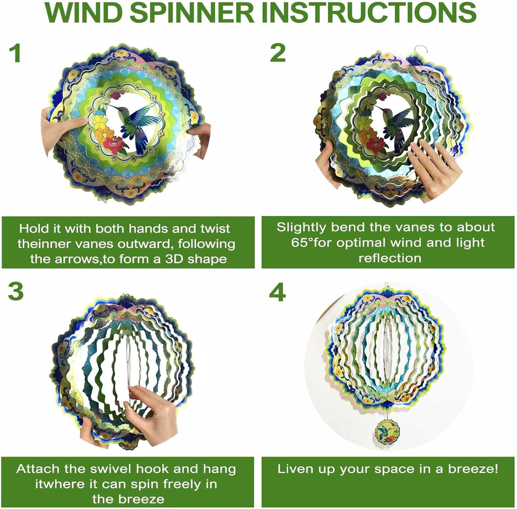 Hummingbird Wind Spinners for Yard and Garden, 12 inch 3D Metal Wind Spinner, Hummingbird Gifts for Mom and Dad, Hanging Wind Spinner for Outdoor & Indoor Decorations