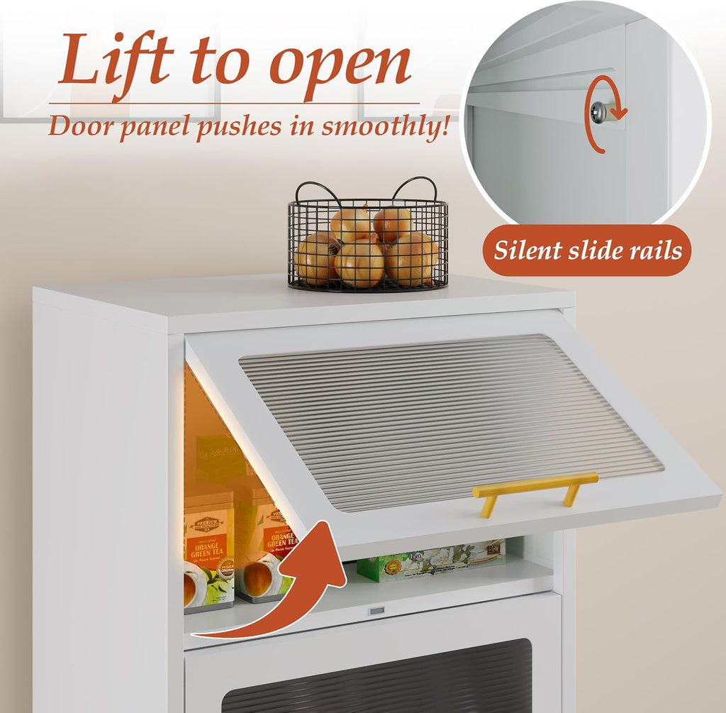 3-Tier Metal Kitchen Storage Cabinet with Drawer, Freestanding Microwaves Rack, Flip-up Acrylic Doors for Living Room & Dining Room, White
