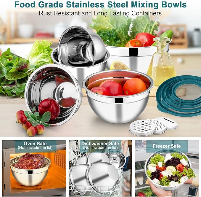E-far Mixing Bowls Set of 5, Stainless Steel Salad Mixing Bowl with Transparent Lid, Metal Nesting Bowl Attach with 3 Graters for Kitchen Prepping/Serving/Baking/Storage, 4.6/2.6/1.5/1/0.7 QT - Blue