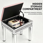 Vanity Stool with Storage – Mirrored Legs, Velvet Cushioned Ottoman, Hidden Compartment, Sparkling Diamond Trim, Glam Makeup Chair & Piano Bench - Silver & Pink