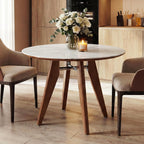 31.5" Round Dining Table, Modern Sintered Stone Kitchen Table with Solid Wood Legs for Dining Room, Living Room, Small Space, Glossy White & Brown