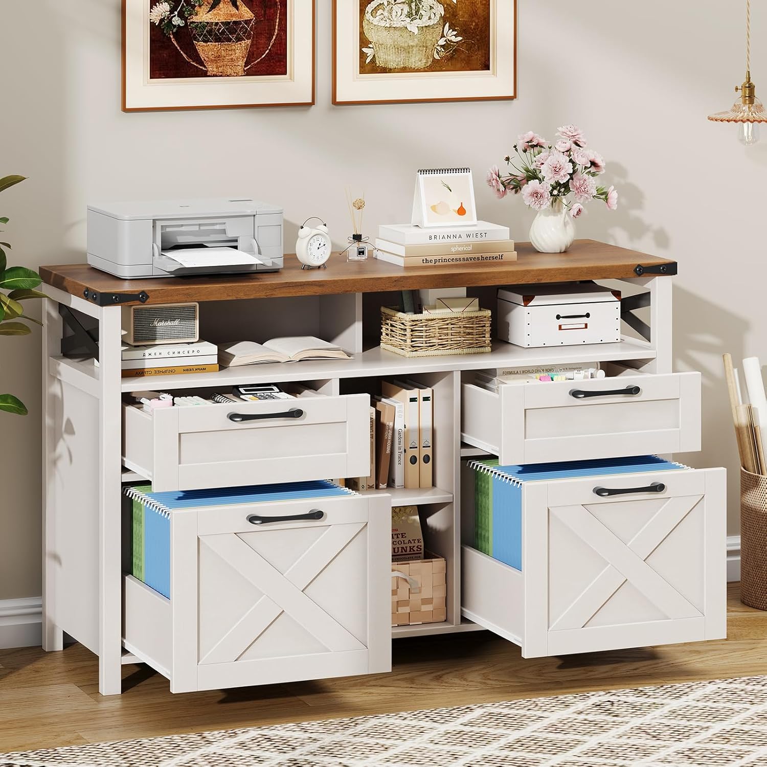 Halitaa Filing Organization Storage Cabinets 4 Drawer with Adjustable Shelf, Lateral Filing Cabinet with Open Storage Shelf for Home Office, Farmhouse File Cabinets for Hanging Files Letter/A4.White