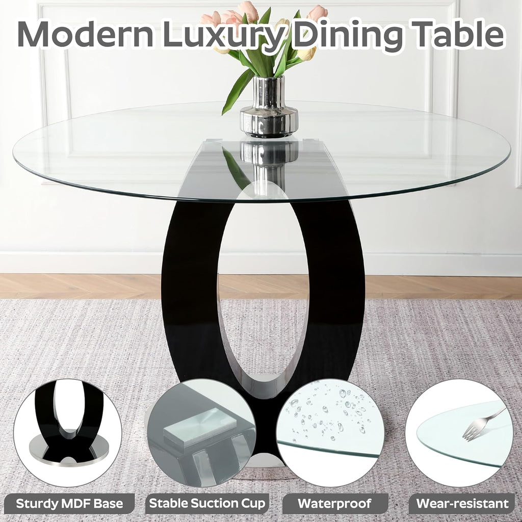 RGZ 5 PCS Luxury Clear Glass Round Dining Table Set, 39'' Modern Circle Glass Top Kitchen Table with Black Silver Legs & 4 Gray High-end Tufted Chairs for Apartment Home Dining(Silver Base)
