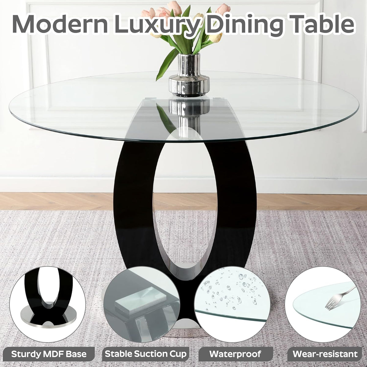 RGZ 5 PCS Luxury Clear Glass Round Dining Table Set, 39'' Modern Circle Glass Top Kitchen Table with Black Silver Legs & 4 Gray High-end Tufted Chairs for Apartment Home Dining(Silver Base)