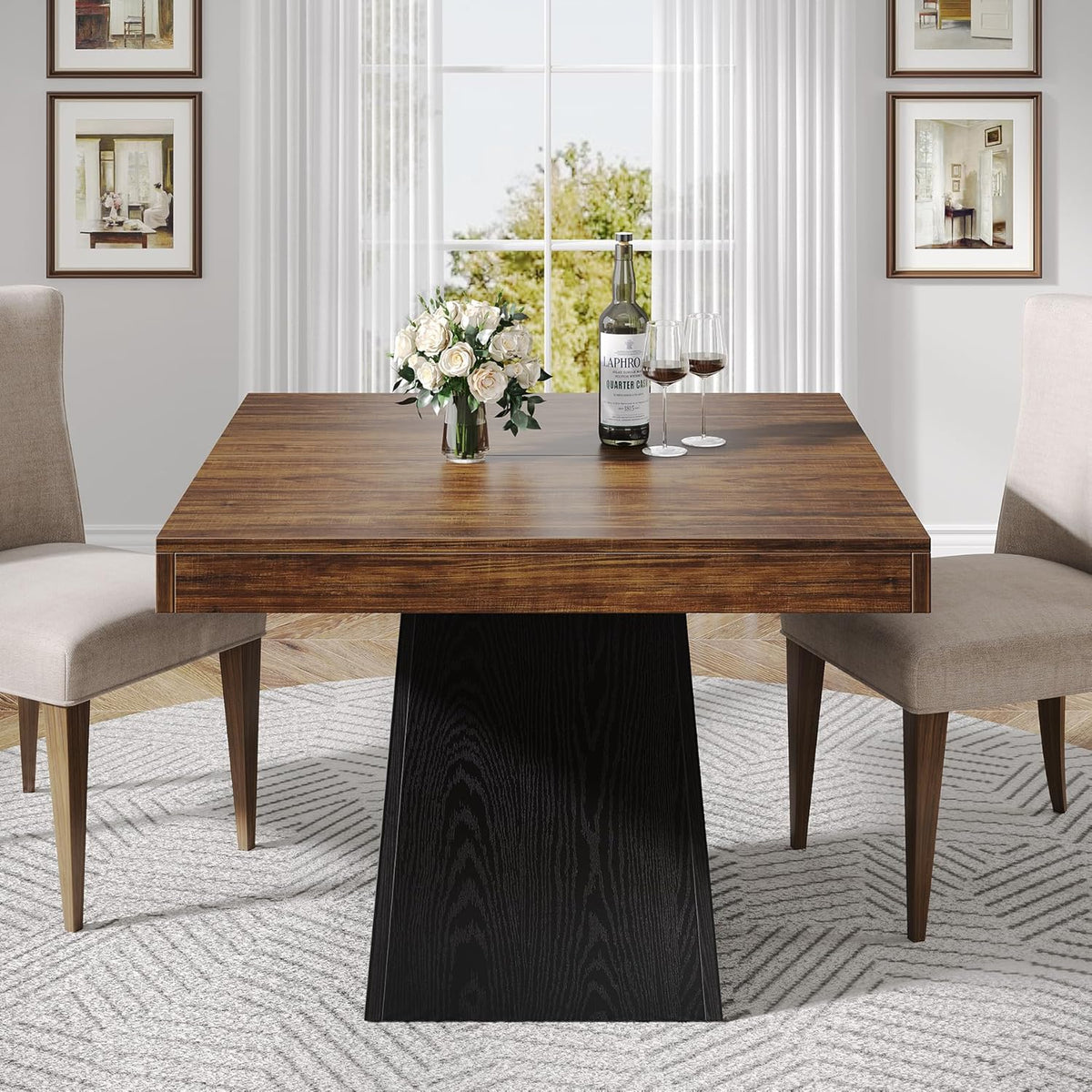 Tribesigns Square Dining Table for 4, 31.5" Farmhouse Small Kitchen Table | Wooden Dinner Table with 3.93" Thick Top & Sturdy Pedestal, Fits for Dining Room, Small Space, Apartment, Dark Brown & Black