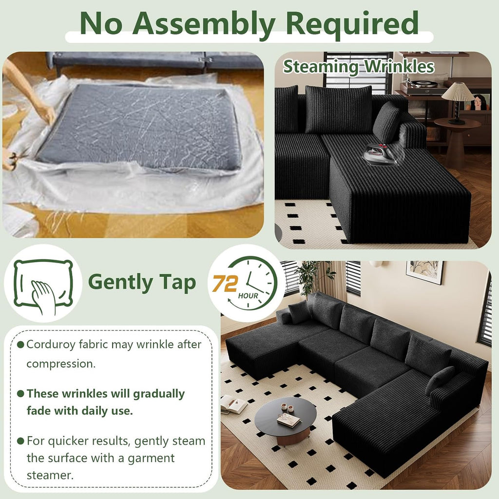 142"U Shape Sectional Couch,Oversized Couches for Living Room | Modern Corduroy Sofa with 2 Chaise, 4 Seater Deep Seat Memory Foam Compressed Sofa, No Assembly, Non-slip Base, Black