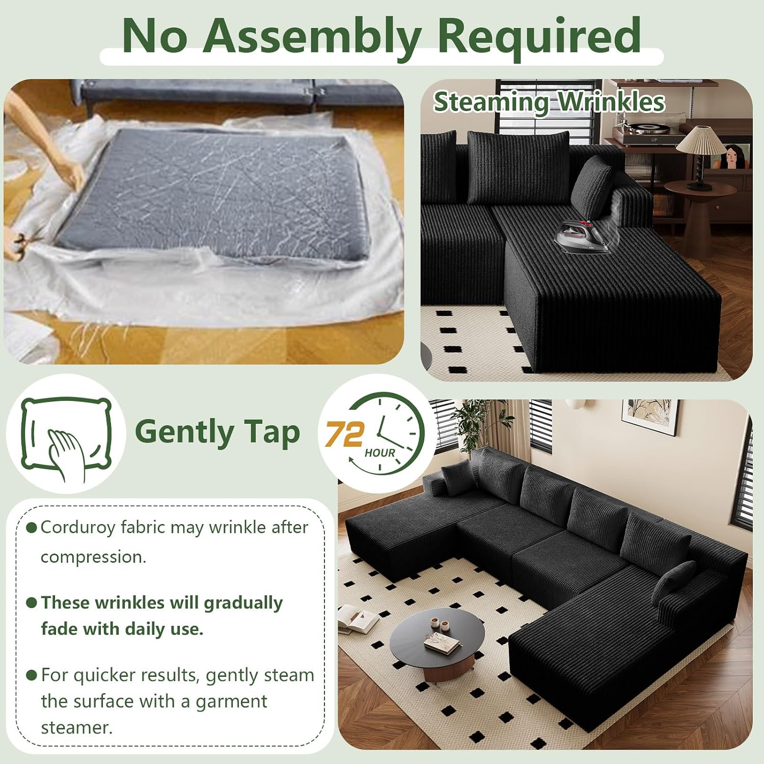 142"U Shape Sectional Couch,Oversized Couches for Living Room | Modern Corduroy Sofa with 2 Chaise, 4 Seater Deep Seat Memory Foam Compressed Sofa, No Assembly, Non-slip Base, Black