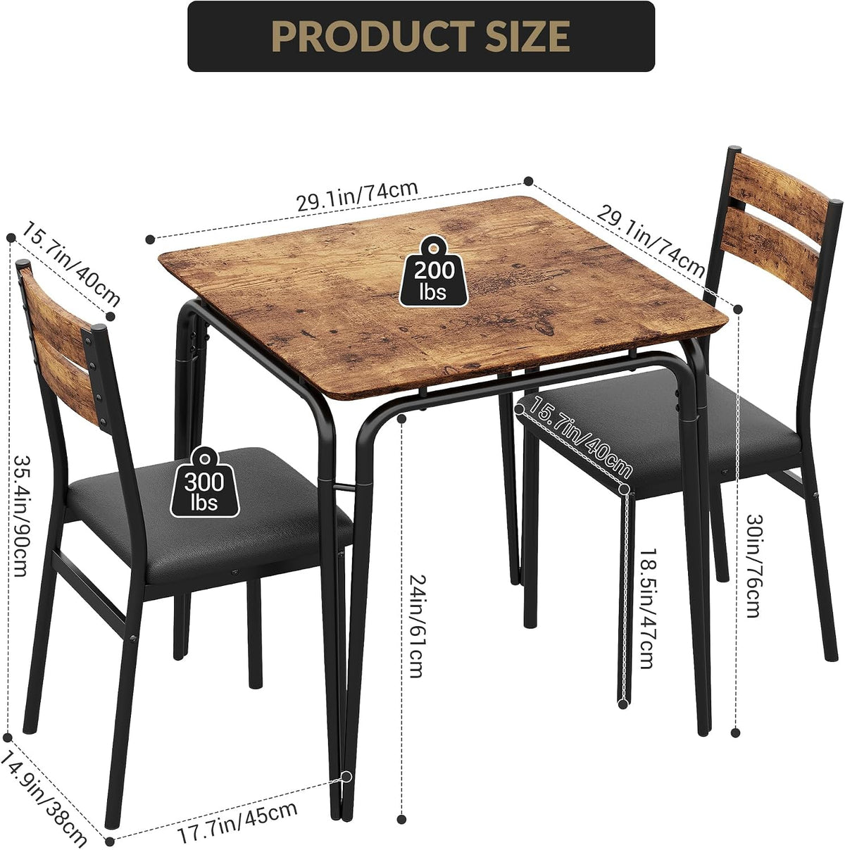 GAOMON 3-Piece Dining Table Set, Sturdy Wooden Square Table and Chair Breakfast Table Set for 2 Person,for Home or Commercial Dining Room,Vintage Brown