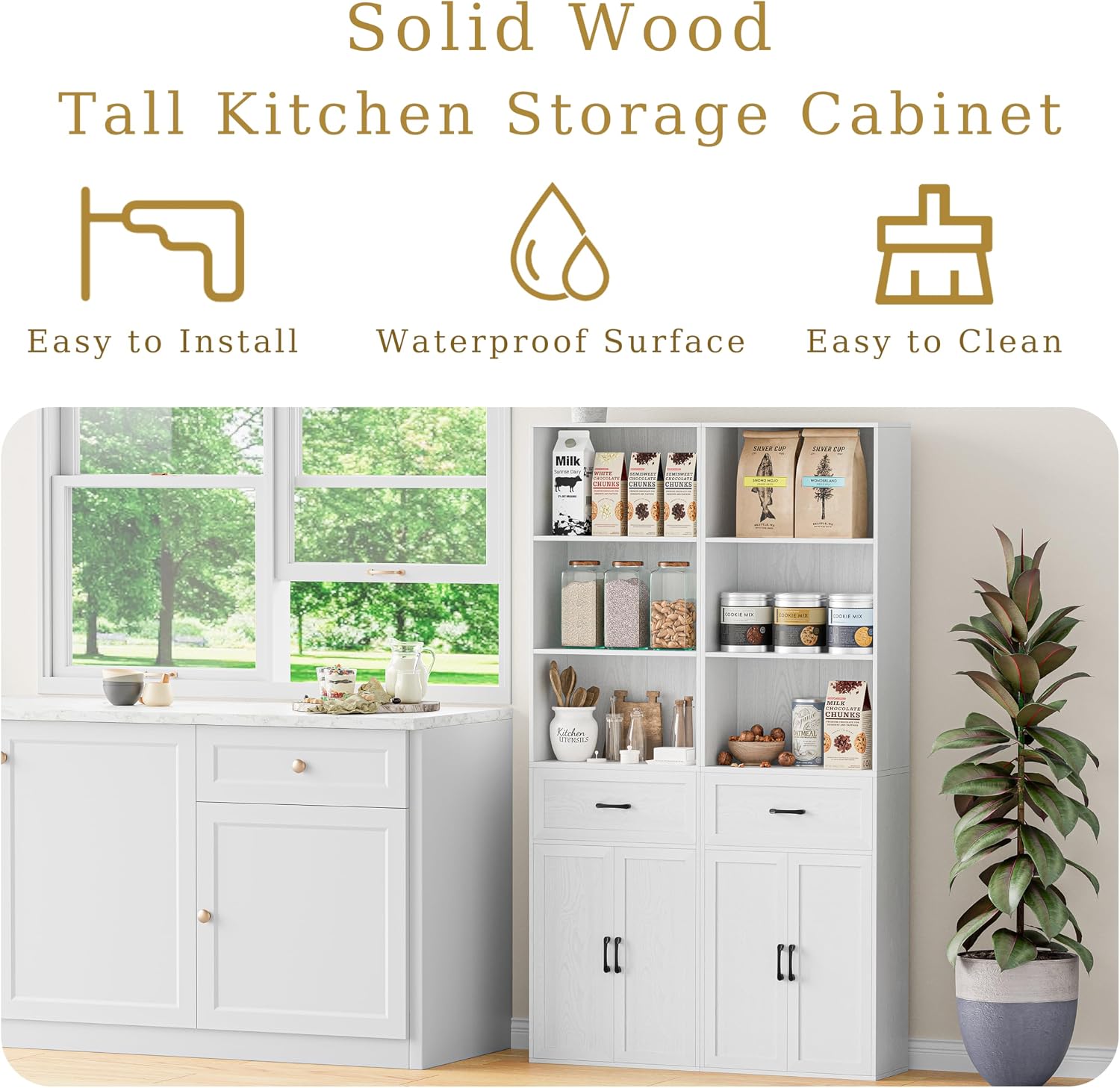 67" Tall Kitchen Pantry Storage Cabinet, Modern Freestanding Food Storage Unit with Doors, 4 Tier Open Shelves, Cupboard for Small Kitchen, Mudroom or Hallway (White, with Drawer)
