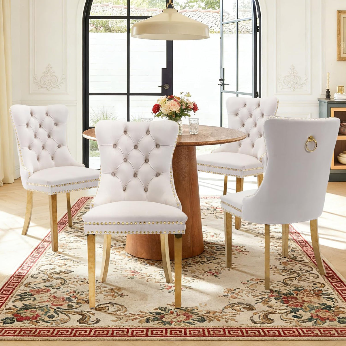 Velvet Dining Chair Set of 2,Upholstered Tufted Dining Room Chair with Nailhead Trim and Stainless Steel Gold Leg for Kitchen,Beige