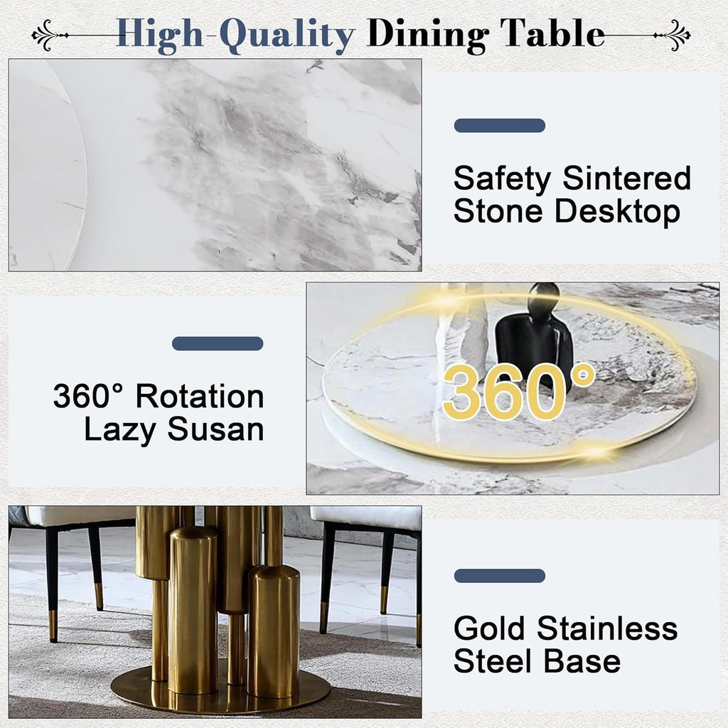 Montary 9 Piece Modern Dining Table Set of 8, Round 59" D Faux Marble Kitchen Table with Lazy Susan, Sintered Stone and Metal Dining Room Table with 8 Dining Chairs, for Home, Living Room