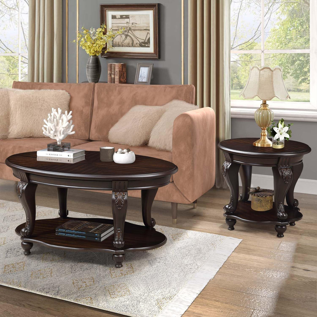 Round End Table for Living Room, Solid Wood Sofa Side Table with Shelf, Retro Corner Table for Office Small Space (22" W x 19.5" D x 20.5" H, Espresso)