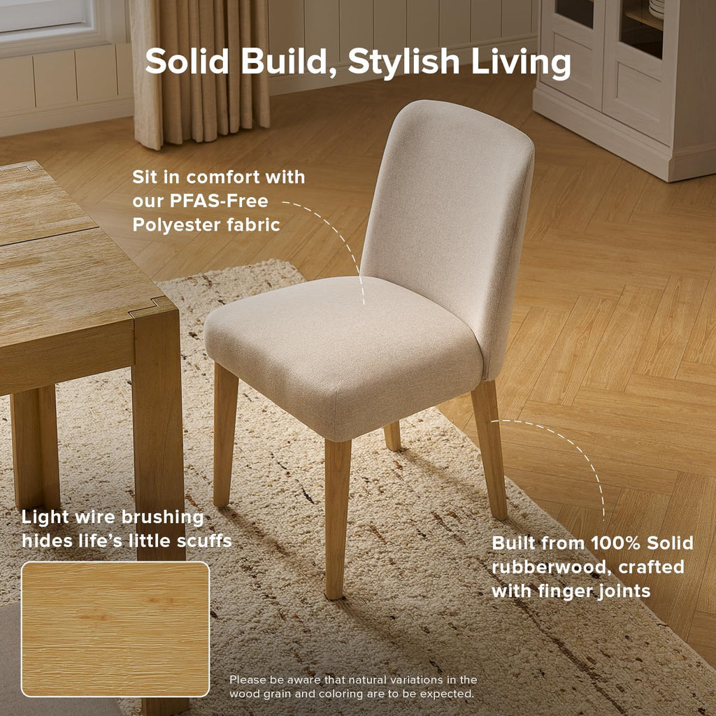 mopio Logan Upholstered Beige Parson Dining Chair Set of 4, Modern Farmhouse Solid Light Oak Wood with Ergonomic Curved Back Rest for Dining Room and Kitchen