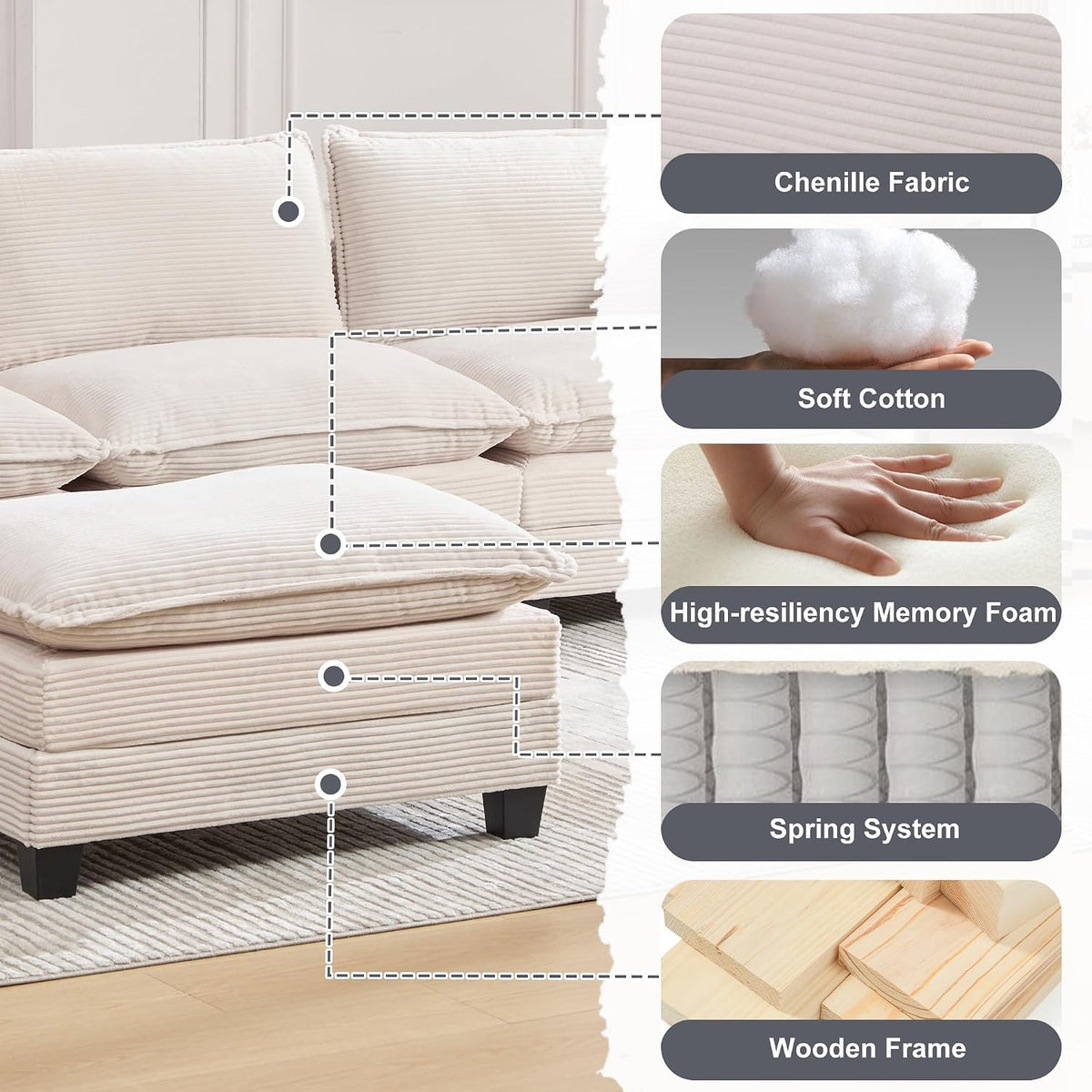 KIVENJAJA 103" Cloud Couch Sectional with Storage, L Shaped Sofa, Beige | 3 Seat, Side Pockets, Movable Ottoman, Corduroy, Deep Seat, Easy Assembly, for Living Room/Apartment