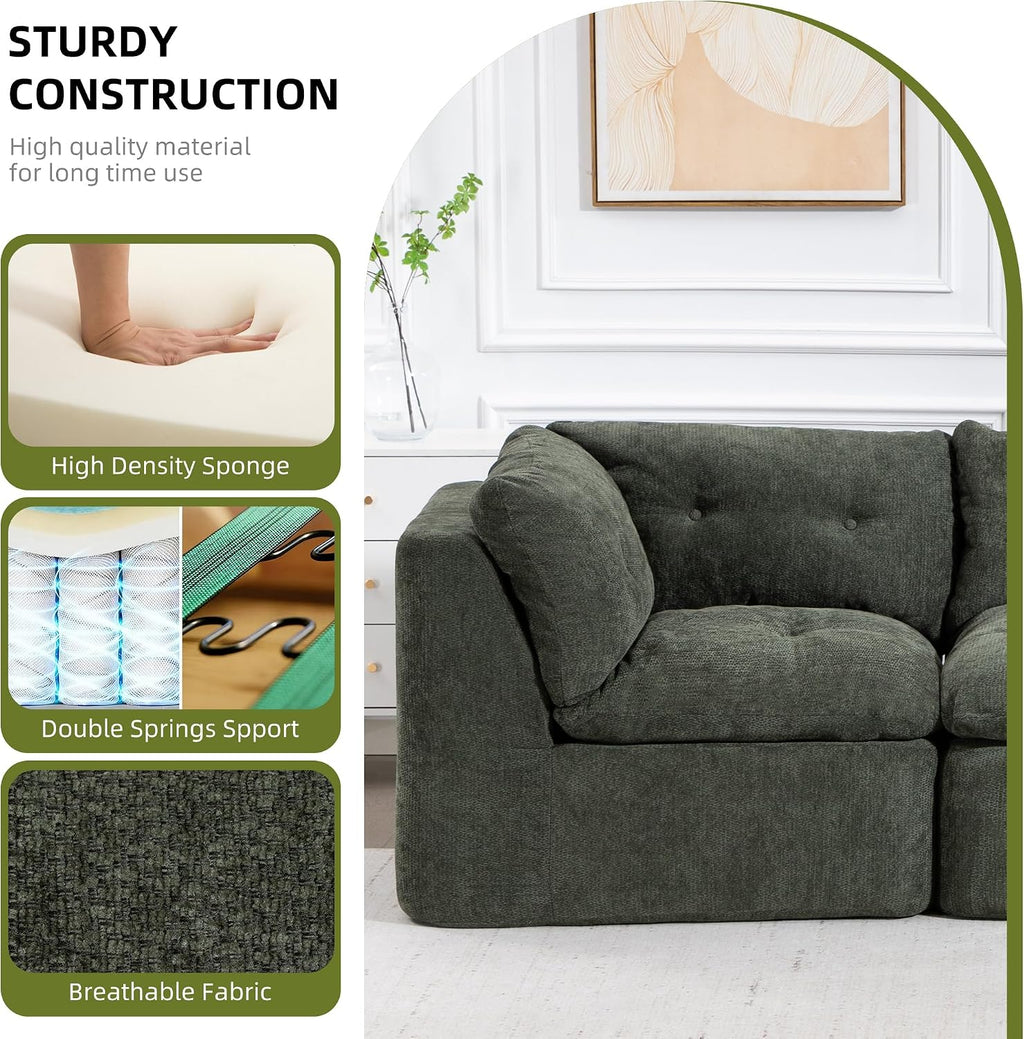 Modular Sectional Sofa with Ottoman, 112 Inch, Blackish Green