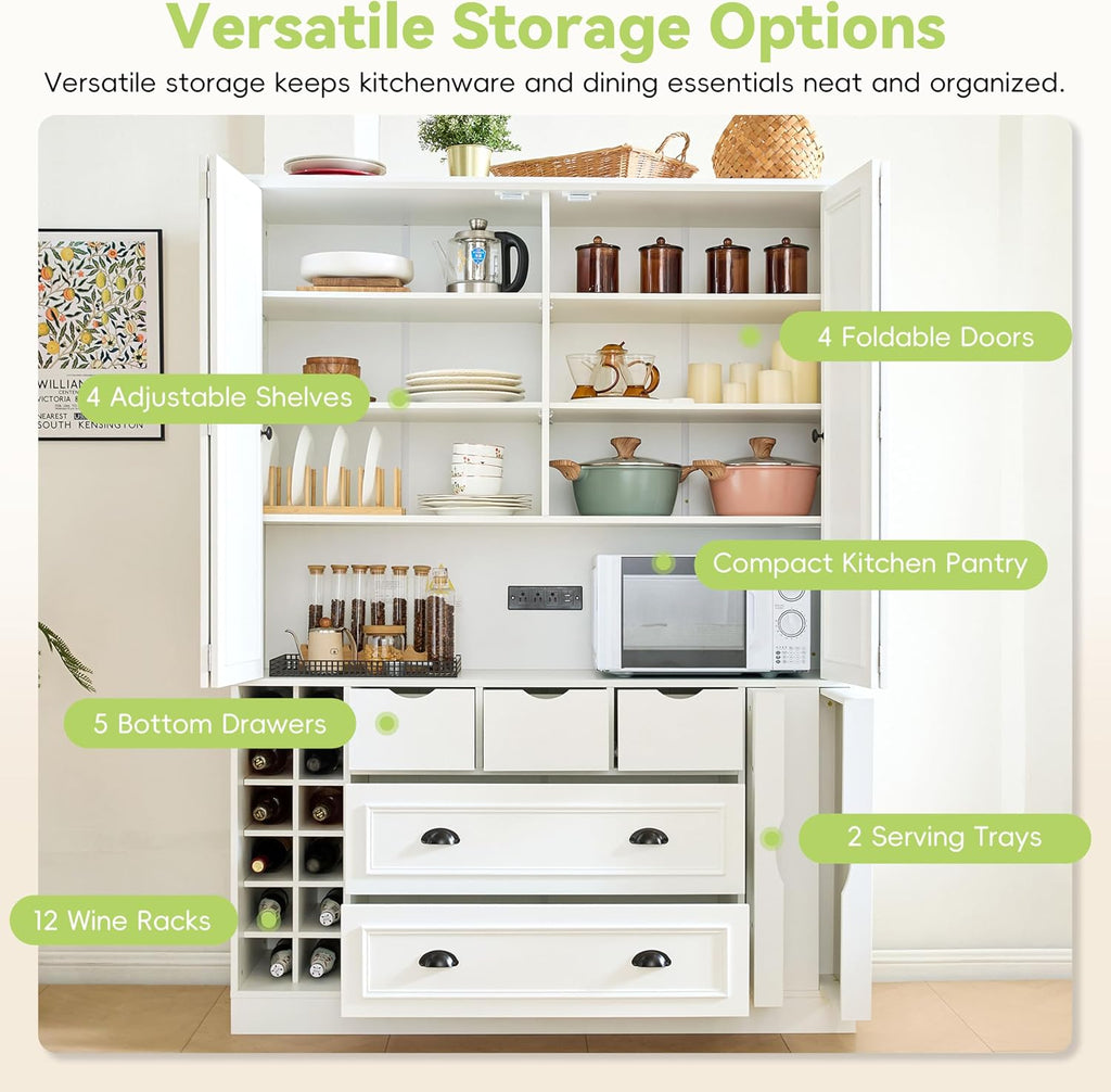Farmhouse Kitchen Pantry, Sideboard with Power Outlet, Shelves, White | Spacious 53.2"L x 17.7"W x 71"H floor cabinet with 4 foldable doors, built-in power outlet, wine racks, and serving trays