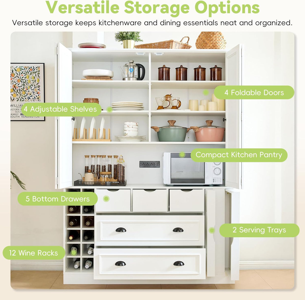 Farmhouse Kitchen Pantry, Sideboard with Power Outlet, Shelves, White | Spacious 53.2"L x 17.7"W x 71"H floor cabinet with 4 foldable doors, built-in power outlet, wine racks, and serving trays