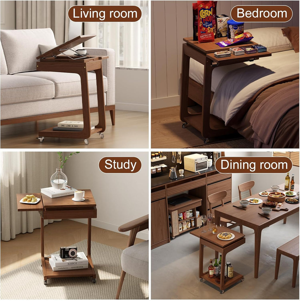 Solid Wood C Shaped End Table for Couch,Walnut C Table with Wheels,Rolling Side Table with Storage,Couch Desk with Adjustable Desktop,Rolling Tv Tray with Folding Shelf,Modern Couch Table