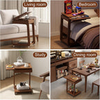 Solid Wood C Shaped End Table for Couch,Walnut C Table with Wheels,Rolling Side Table with Storage,Couch Desk with Adjustable Desktop,Rolling Tv Tray with Folding Shelf,Modern Couch Table