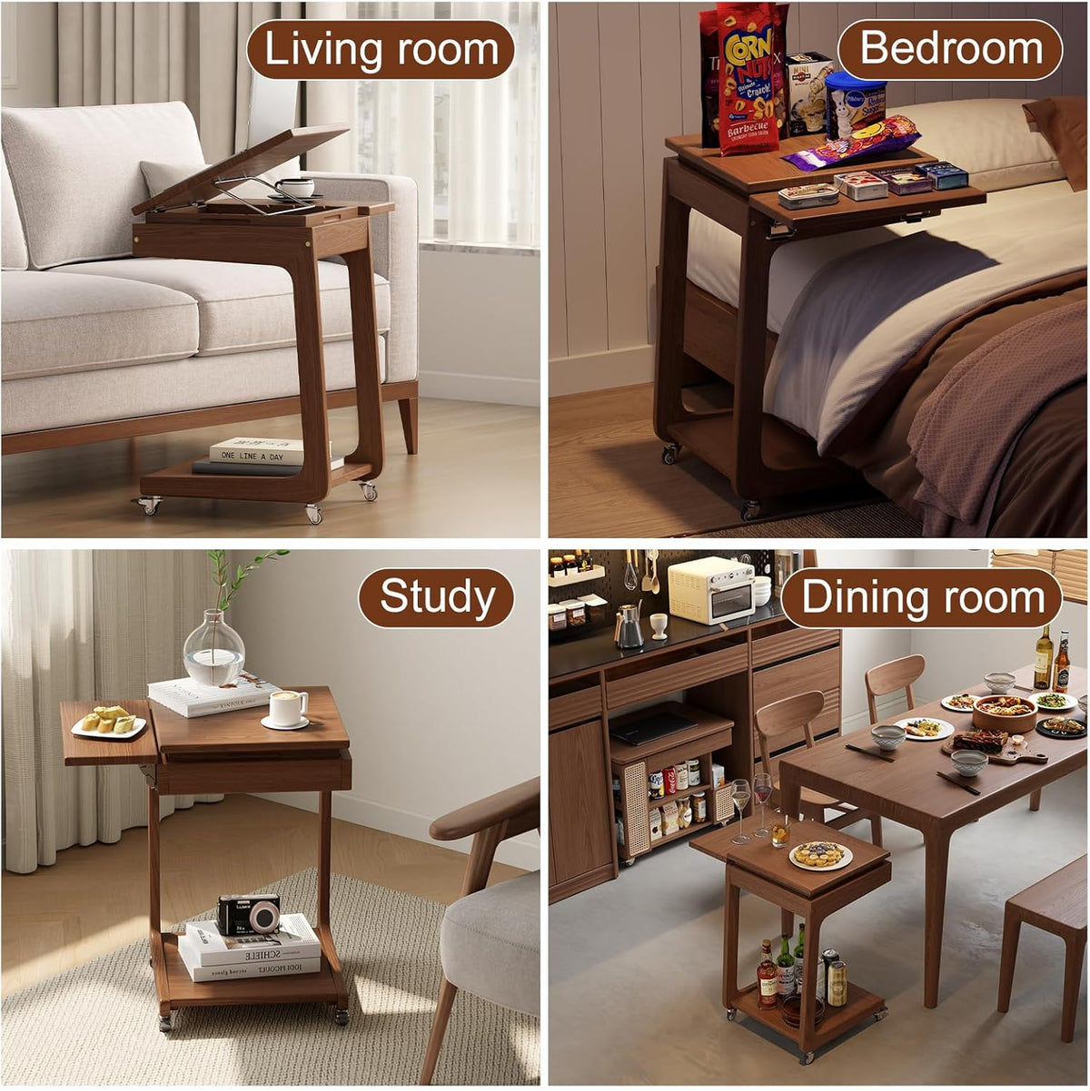 Solid Wood C Shaped End Table for Couch,Walnut C Table with Wheels,Rolling Side Table with Storage,Couch Desk with Adjustable Desktop,Rolling Tv Tray with Folding Shelf,Modern Couch Table