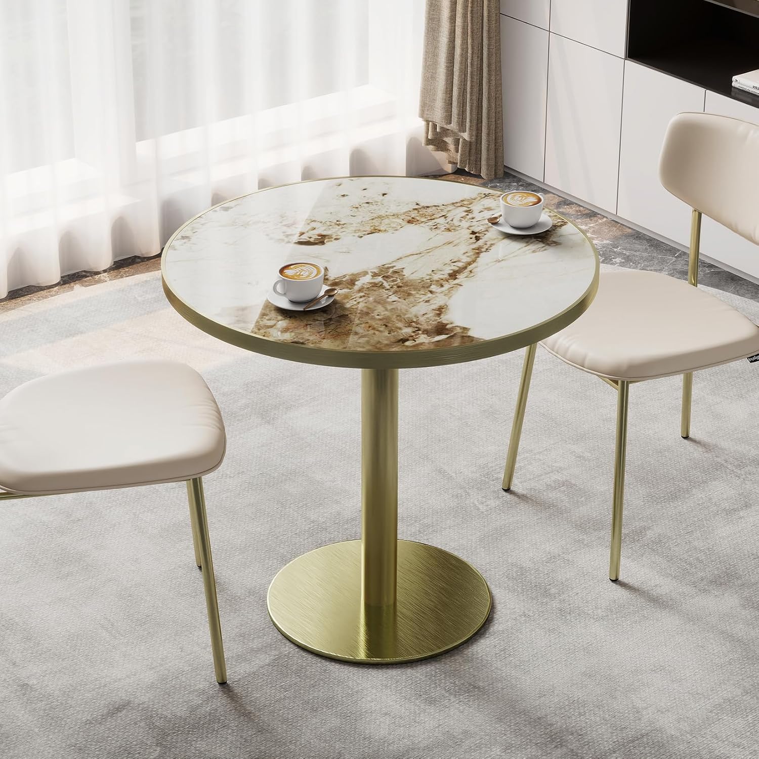 31.5" Tulip Table with Sintered Stone Tabletop and Golden Metal Pedestal, Small Round Dining Table for 2-4 Person, Modern Bistro Table for Kitchen, Small Spaces, Living Room, Cafe (Glossy Pandora)