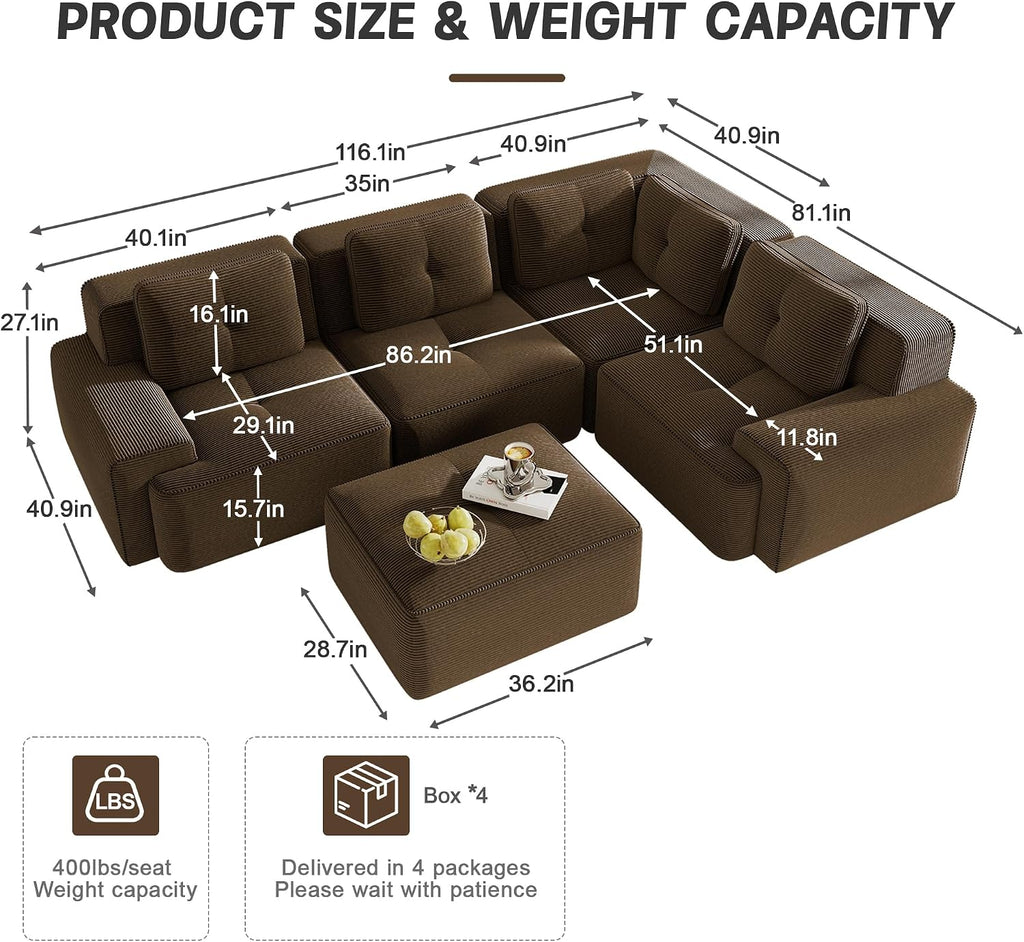 Oversized Modular Sectional Sofa, Modern V Shaped Corner Couch with Ottoman, Comfy 5 Seater Cloud Sleeper Sofa with Deep Seat, Customizable Layout Couches for Living Room, Apartment, Brown