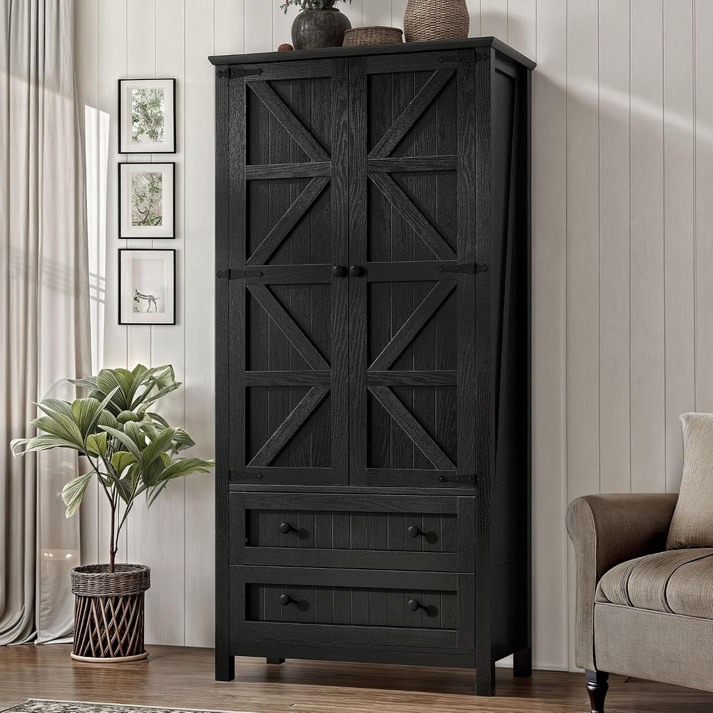 DWVO Farmhouse Kitchen Pantry Cabinet, 64.5" Tall Storage Cabinet with 2 Drawers and Adjustable Shelves, Versatile Storage for Living Room, Dining Room or Hallway, Oak Black