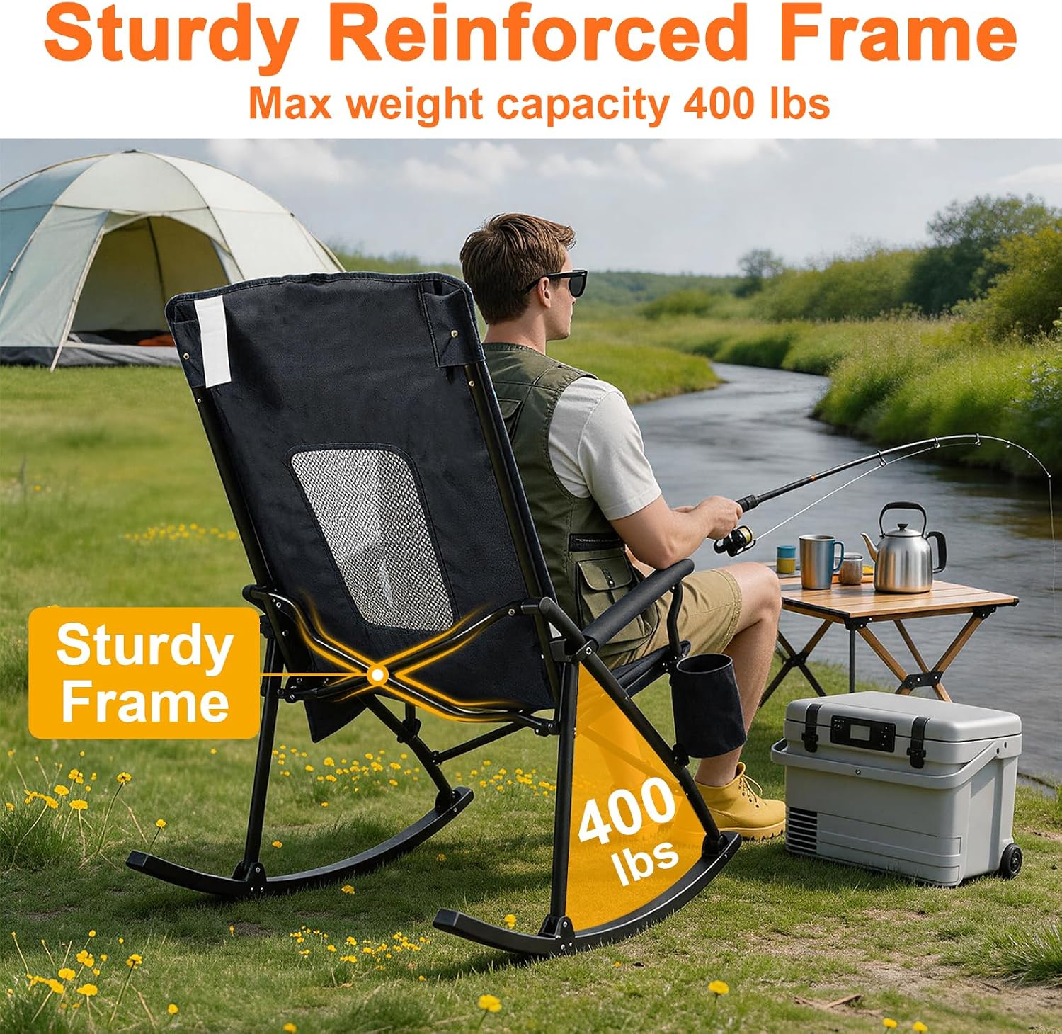 Romswi 2 Pack Rocking Camping Chair for Adult 400LBS Capacity, Heavy Duty Folding Rocking Chairs, Portable Outdoor Rocker with High Back & Hard Armrests for Camping, Beach, Patio, Backyard, Mesh Black