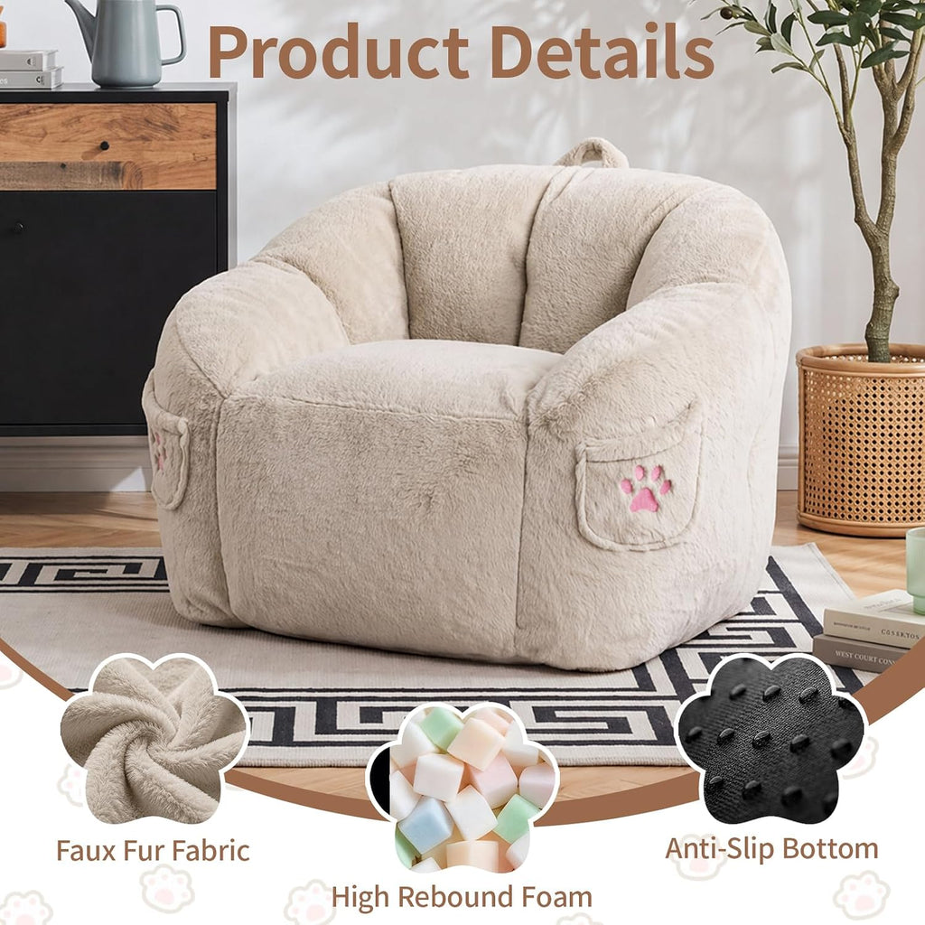 Vipbear Cat Paw Bean Bag Chair with Air-Cushion, Oversized Sofa Chair Khaki | 39", air-cushion filling, cat paw Pocket, carry handle, oversized firm support, ergonomic, plush faux fur, gaming, reading