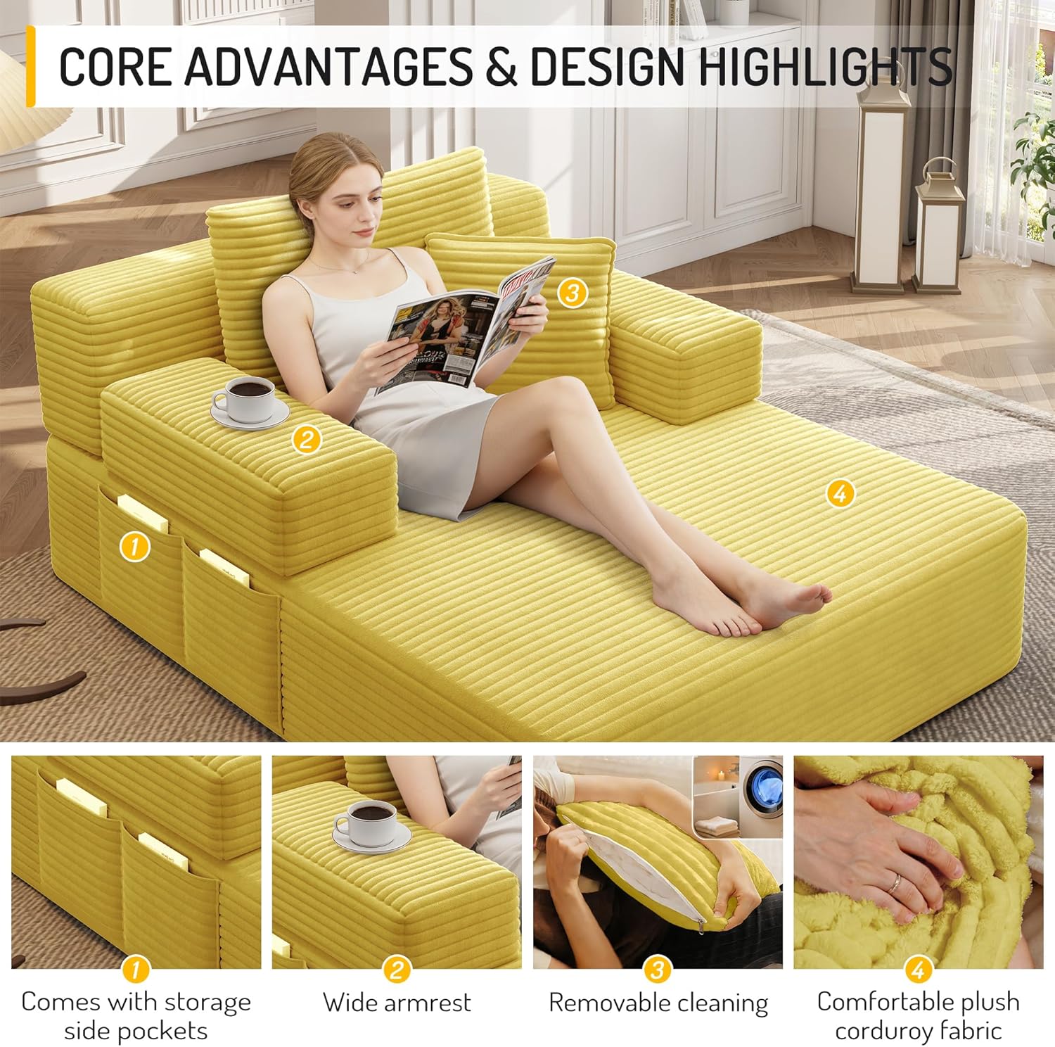 Oversized Chaise Lounge Chair Indoor, Upholstered Single 68''Convertible Sofa Bed with Storage Pocket, Frameless Design & Compression Foam for Small Spaces, Living Room, Apartment, Yellow