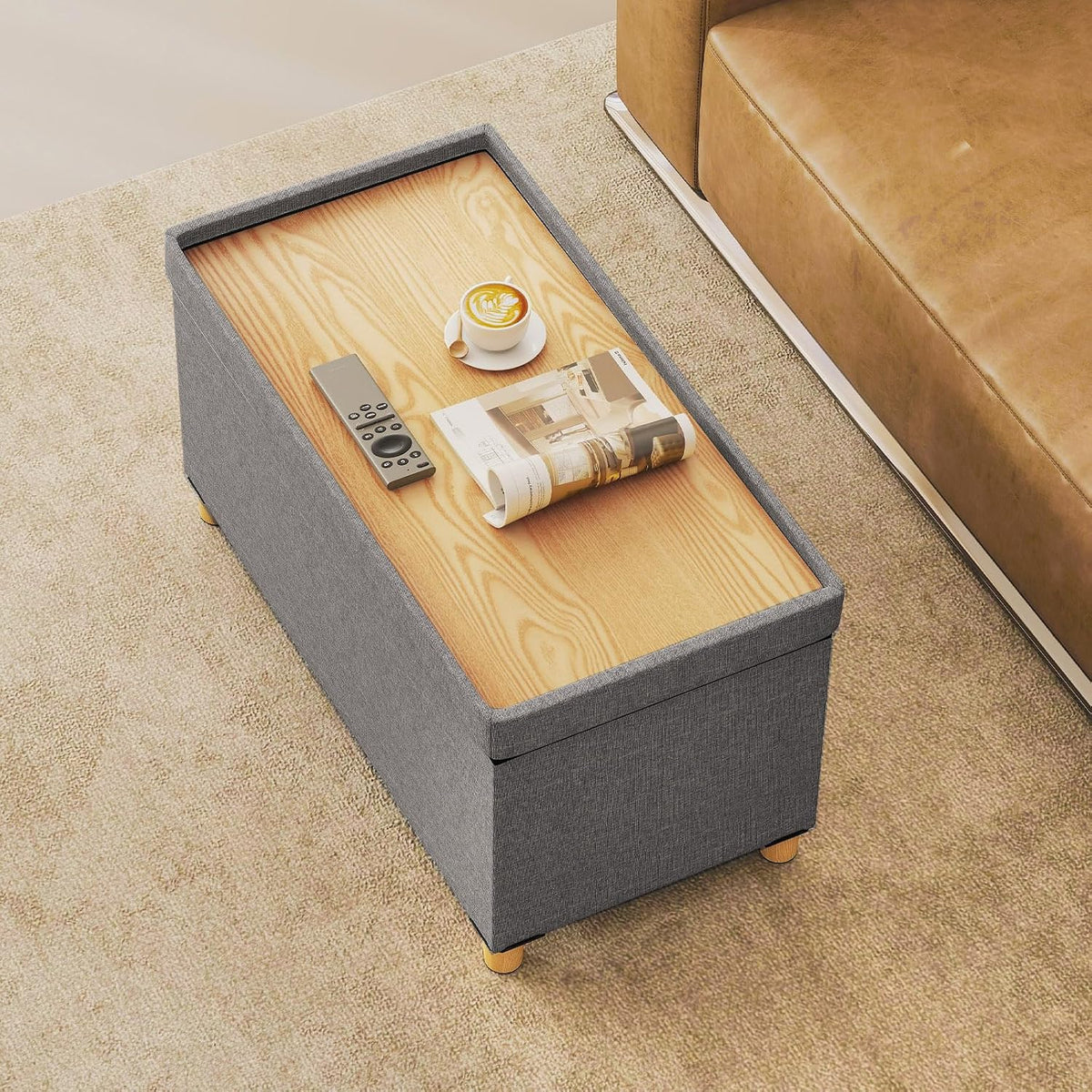 Giantex Storage Ottoman Bench with Tray Lid, Folding Linen Fabric Foot Stool with Elevated Wooden Legs, Multi-Functional Ottoman Foot Rest for Living Room Bedroom Entryway, 15 x 30 x 15.5 in