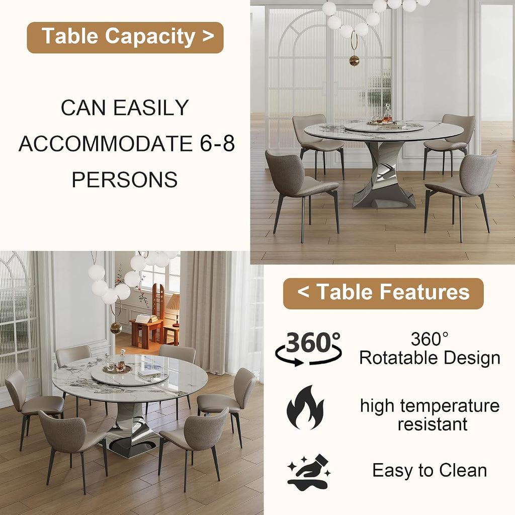59" Round Sintered Stone Dining Table, Faux Marble Kitchen Table with Lazy Susan & Gray Stainless Steel Hourglass Base - Modern Luxury Dinner Table for 4-8 People, Scratch & Heat Resistant Surface
