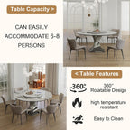 59" Round Sintered Stone Dining Table, Faux Marble Kitchen Table with Lazy Susan & Gray Stainless Steel Hourglass Base - Modern Luxury Dinner Table for 4-8 People, Scratch & Heat Resistant Surface