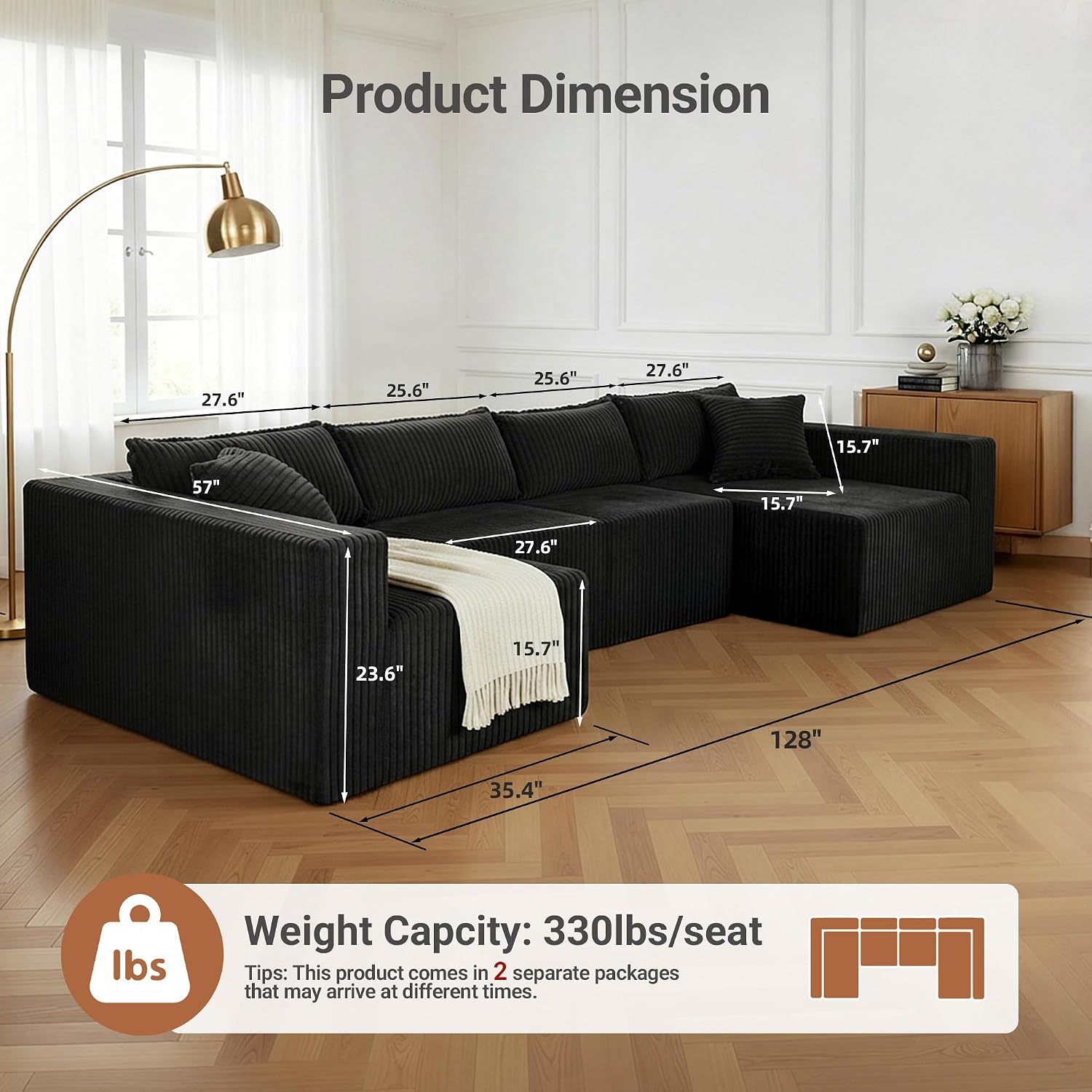 Claiks 128" U-Shaped Modular Sectional Sofa No Assembly Required, Oversized Cloud Couch with Double Chaise, Corduroy Fabric for Living Room & Apartment, Black