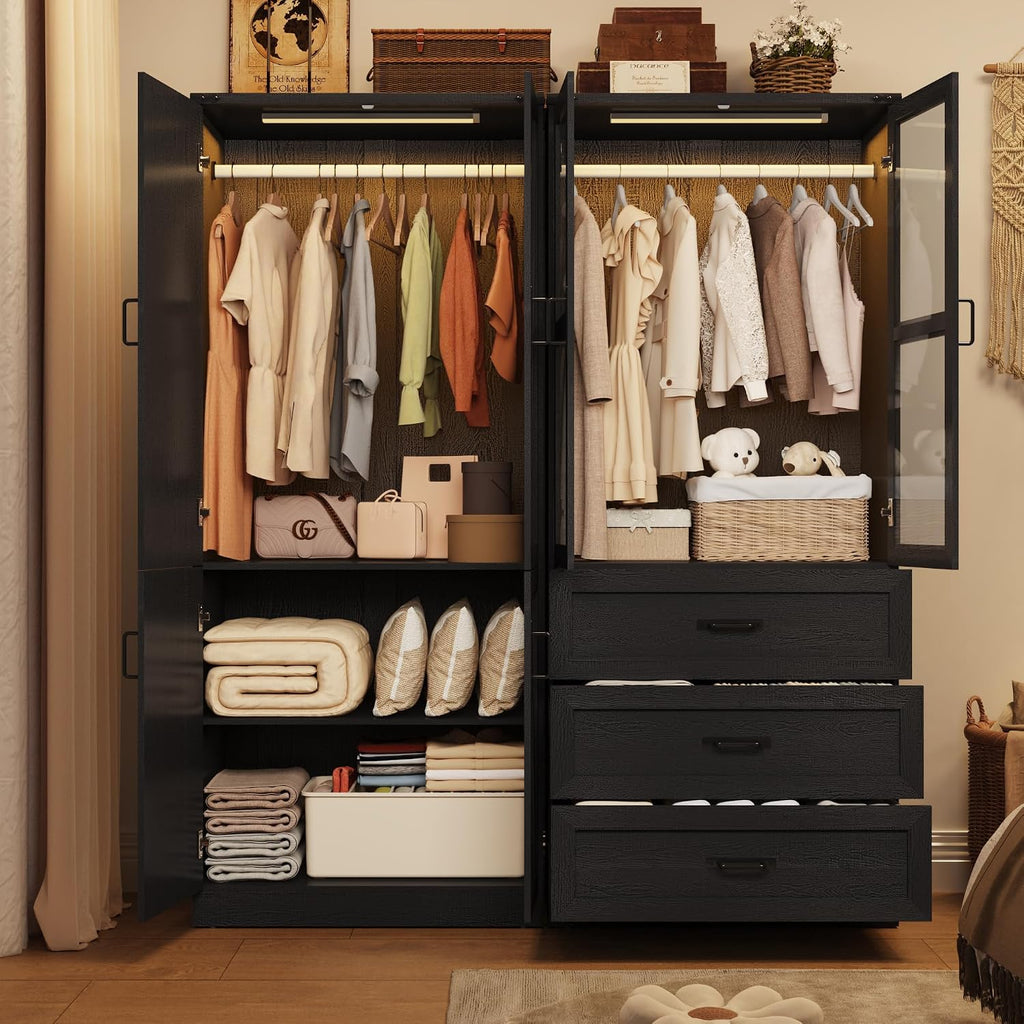75" Tall Farmhouse 4 Doors Armoire Wardrobe Closet with 3 Drawers and LED,Freestanding Closet Wardrobe Cabinet for Bedroom with Hanging Rod,Wooden Armoire Storage Cabinet with Adjustable shelve(Black)