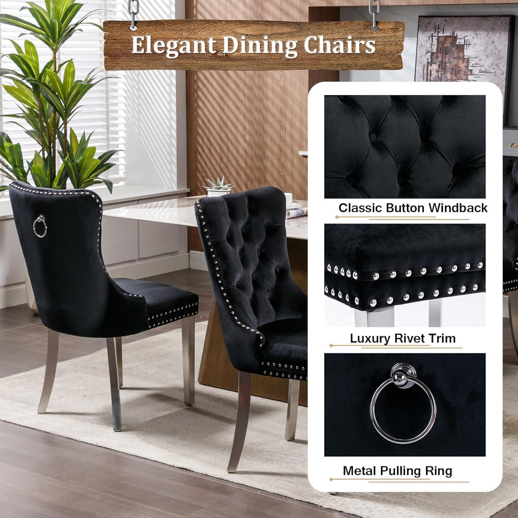 Faux Marble Extendable Dining Table Set for 6, Modern White Kitchen Table Set with 6 Black Tufted Chairs, 7 Piece Extendable Dining Table Set, 63"-78.7" Expandable Dining Table with Sturdy Base